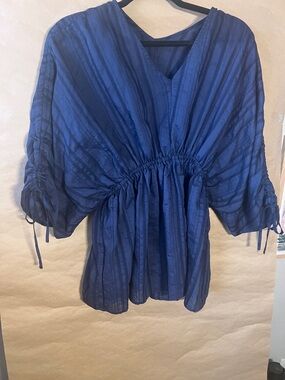 Relaxed V-Neck Gathered Waist Tunic - Deep Blue